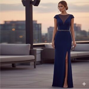 Carmen Marc Valvo Deep Blue Maxi Dress New with Tags